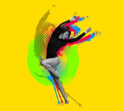 Creative artwork with stylish contemp dancer, beautiful woman dancing isolated Foto stock