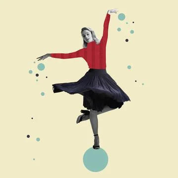 Creative artwork. Young female dancer in colored retro style clothes stands on 스톡 사진