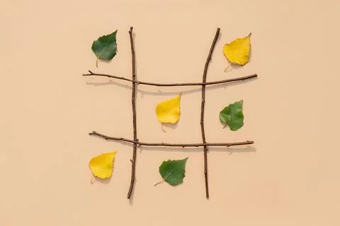 Creative autumn concept. Tic-tac-toe, noughts and crosses between summer and  Stock Photos