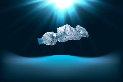 Creative background of PET plastic bottle floating in sea or ocean Illustrazione stock