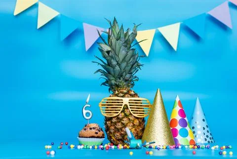 Creative background with pineapple character in sunglasses copy space. Happ.. Stock Photos