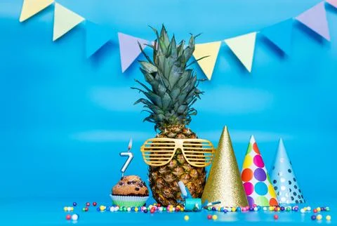 Creative background with pineapple character in sunglasses copy space. Happ.. Stock Photos