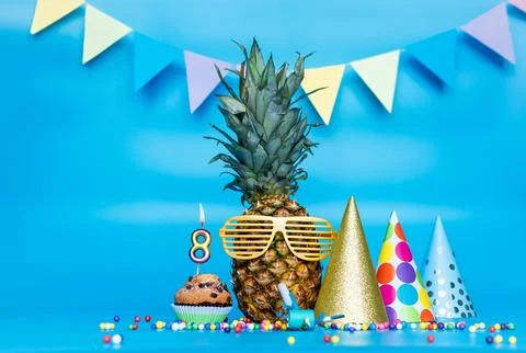 Creative background with pineapple character in sunglasses copy space. Happ.. Stock Photos