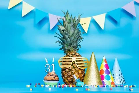 Creative background with pineapple character in sunglasses copy space. Happ.. Stock Photos