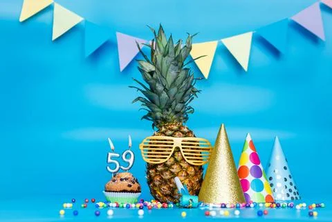 Creative background with pineapple character in sunglasses copy space. Happ.. Stock Photos