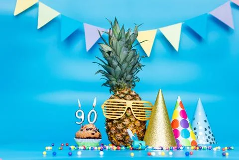 Creative background with pineapple character in sunglasses copy space. Happ.. Stock Photos