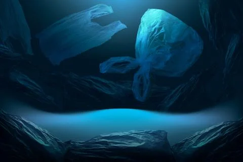 Creative background of single-use plastic bags floating in deep blue sea Stock Photos