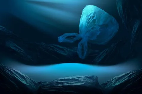 Creative background of single-use plastic bags floating in deep blue sea Stock Photos