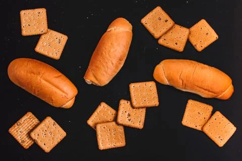 Creative Bakery flat layout concept on black background Top-Down Foto stock