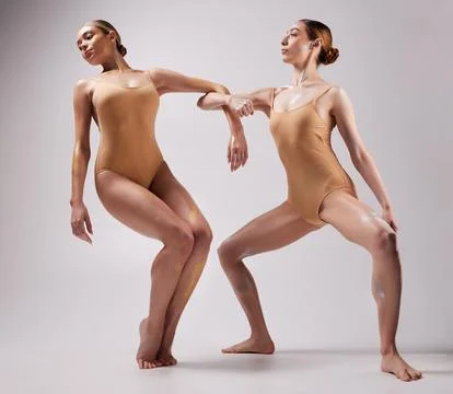 Creative ballet, ballerina and women dance together for stage performance Stock Photos