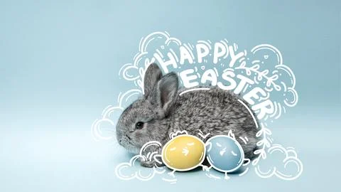 Creative banner related to Easter holiday with cute bunny and colored eggs Foto stock