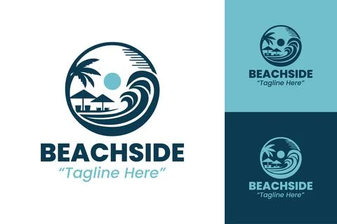Creative Beachside Ocean Resort Logo in Deep Blue with Palm Tree and Beach Vi Stock-Illustration