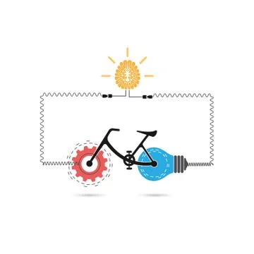Creative bicycle logo vector design with gear sign and light bulb symbol.Bicy Stock Illustration