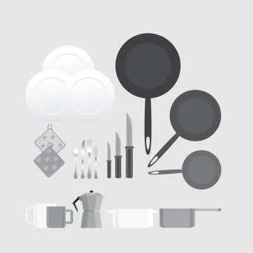 Creative black and white kitchen equipment illustration for web and print min Stock Illustration