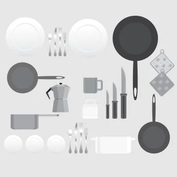 Creative black and white kitchen equipment illustration for web and print min Stock Illustration