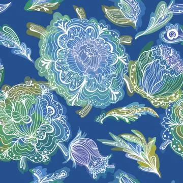 Creative Blue Romantic Pattern with Glowing Flowers Stock Illustration