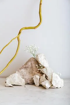Creative boho still life composition with natural materials stone wood flower Stock-Fotos