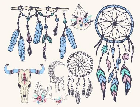 Creative boho style frames mady ethnic feathers arrows and floral elements Illustrazione stock