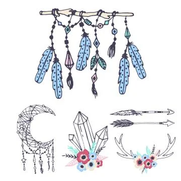 Creative boho style frames mady ethnic feathers arrows and floral elements Illustrazione stock