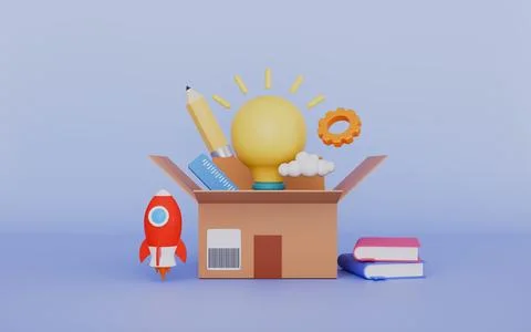 Creative box with bulb book rocket gear pencil icon concept Stock Illustration