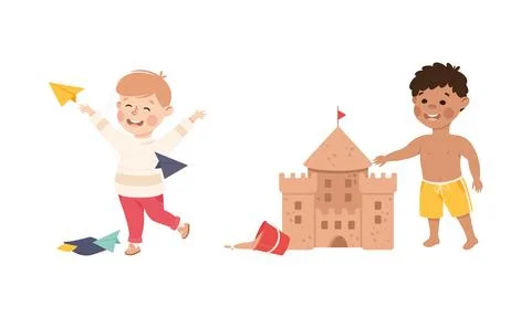 Creative Boy Showing Built Sand Castle and Paper Plane as Handcrafted Item Stock Illustration
