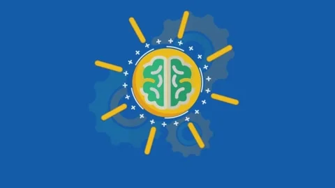 Creative brain icon with rotating gears and shining light rays on blue backgroun Stock Footage 332282567
