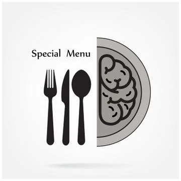 Creative brain idea concept with spoon,fork and knife sign on background Stock Illustration
