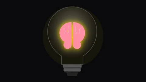Creative Brain Light Bulb Animation with Glowing Pink Brain on Dark Background Stock Footage 345654618