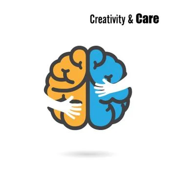 Creative brain logo design vector template with small hand.Education and busi Stock Illustration