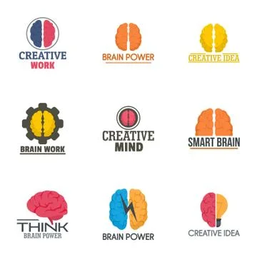 Creative brain work logo set, flat style Stock Illustration