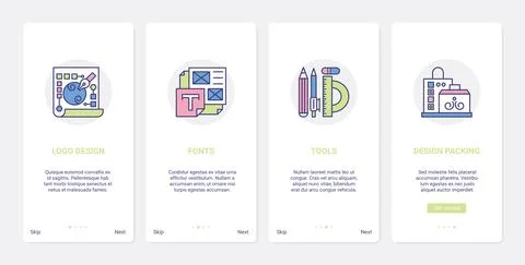 Creative brand packaging design process UX, UI onboarding mobile app page screen Stock Illustration