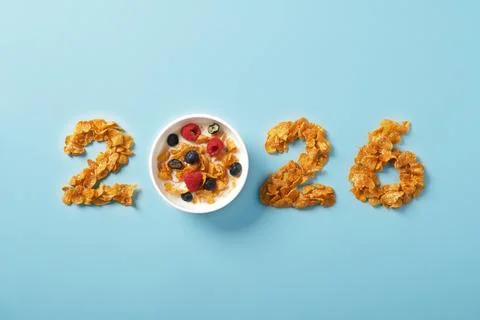 Creative breakfast design with cereal numbers 2026. Concept of new year nut.. Stock Photos
