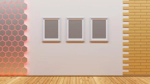 Creative brick interior with empty frames. Mock up, 3D Rendering Illustrazione stock