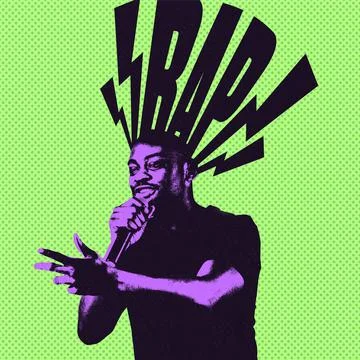 Creative bright artwork. Young man, rap musician performing isolated over neon Foto stock