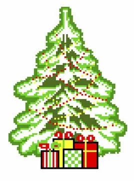 Creative bright Christmas tree and gifts on a white background,pixel graphics Stock Illustration
