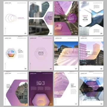 Creative brochure templates with hexagonal design purple color pattern Stock Illustration