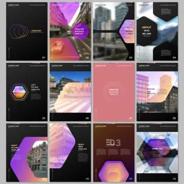 Creative brochure templates with hexagonal design purple color pattern Stock Illustration