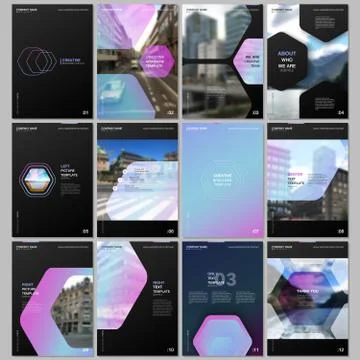 Creative brochure templates with hexagonal design purple color pattern Stock Illustration
