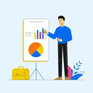 Creative business concept. Confident young business man standing near flip ch Stock Illustration