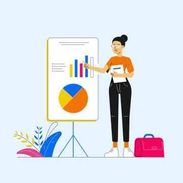 Creative business concept. Confident young business woman standing near flip Stock Illustration