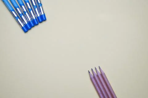 Creative business flat lay, student, education. Pen lined together with penci Stock Photos