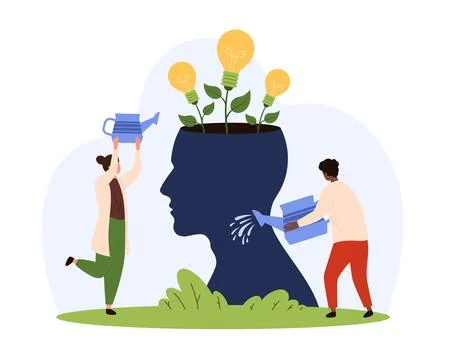 Creative business idea development, science startup progress, tiny people grow Illustrazione stock