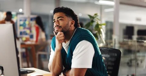 Creative business, man and thinking by computer of graphic design, career path Stock Photos