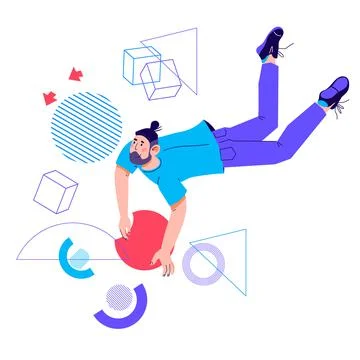 Creative business process, workflow with man flying among abstract shapes Stock Illustration