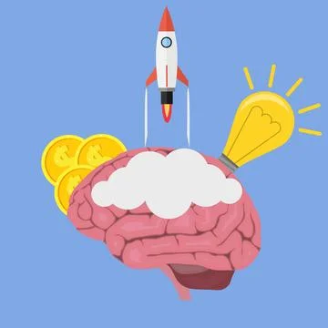 Creative business start up concept with rocket lightbulb coins and human Stock Illustration