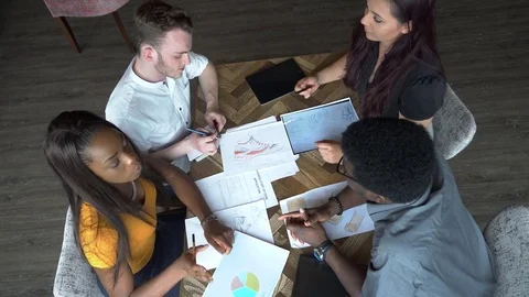 Creative Business Start-up Team Meeting Hipster Office Black Overhead Diverse Stock Footage