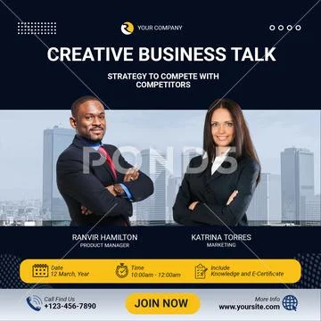 Creative business talk with expert speakers and city skyline backdrop PSD Template