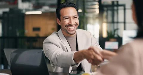 Creative, businessman and handshake with client in meeting, publicist and a.. Stock Photos