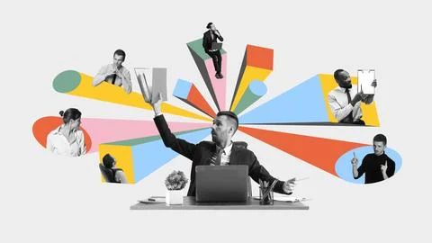 Creative businessman lifting documents while interacting with virtual Stock Photos