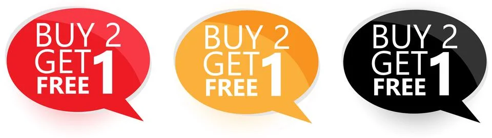 Creative Buy 2 Get 1 Free Speech Bubble Labels for Retail Advertising Ilustração Stock